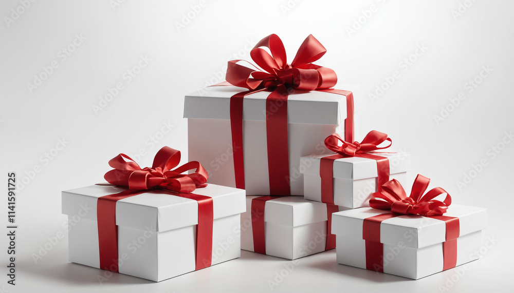Gifts in white boxes, holiday design template. Gifts with red ribbons isolated on white. Gifts in white boxes, holiday design template. Gifts with red ribbons isolated on white.