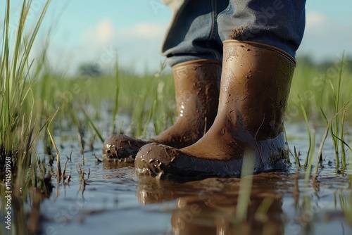 Person Wearing Brown Rubber Boots Standing in Waterlogged Field Surrounded by Green Grass Blades Under Clear Blue Sky on a Sunny Day photo