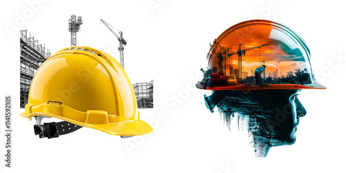 helmet in construction site and construction site worker background safety first concept isolated on a white background. Generative AI.