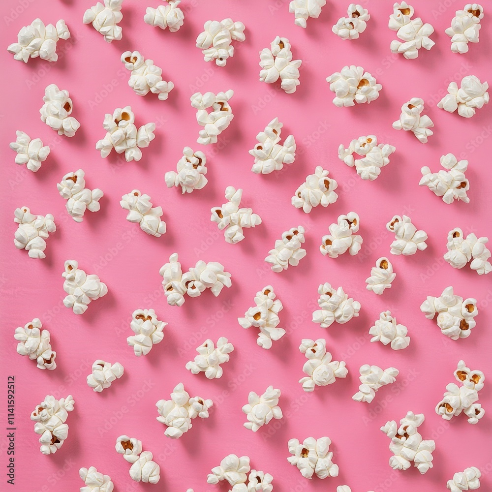 Fototapeta premium Popcorn Scattered on Pink Background - Playful Food Pattern