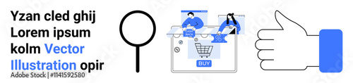 Magnifying glass showing two people analyzing an online shopping cart, large thumbs up, placeholder text. Ideal for e-commerce, online reviews, customer feedback, product analysis, digital marketing