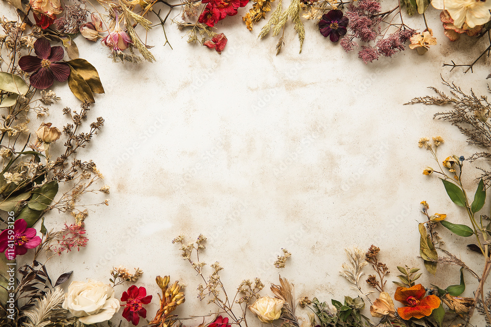 Autumn Dried Flowers Frame on Retro Paper Texture Top View Mock Up Autumn Dried Flowers Frame on Retro Paper Texture Top View Mock Up