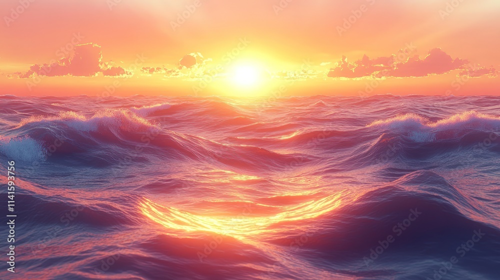 Fototapeta premium Ocean waves sunset, fiery sky, tranquil scene.