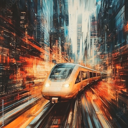 High Speed Train Blurring Through Futuristic City at Night