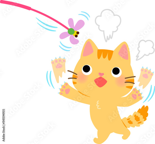 猫じゃらしに興奮して遊ぶトラ猫