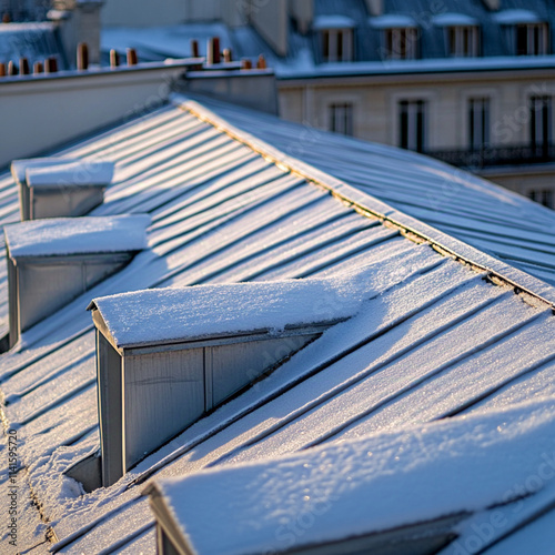 Close-up of the top of zinc roofs in Paris covered with snow, featuring typical details of Parisian apartments photo