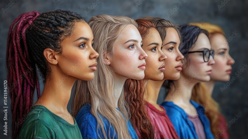 Fototapeta premium Diversity And Unity, Portrait Of Six Women Of Different Ethnicities On Textured Background