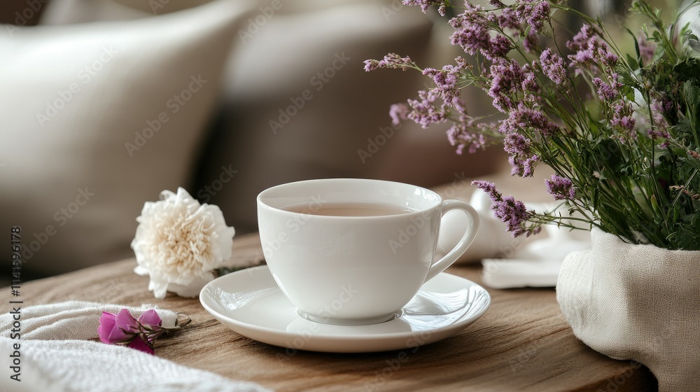 Beautifully styled teacup with saucer, complemented by delicate flowers for a warm and inviting look. Beautifully styled teacup with saucer, complemented by delicate flowers for a warm and inviting look.
