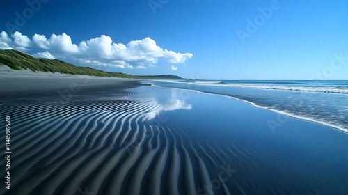 A photo of a sandy beach with soft ripples, blending into the ocean waves under a bright blue sky.  photo