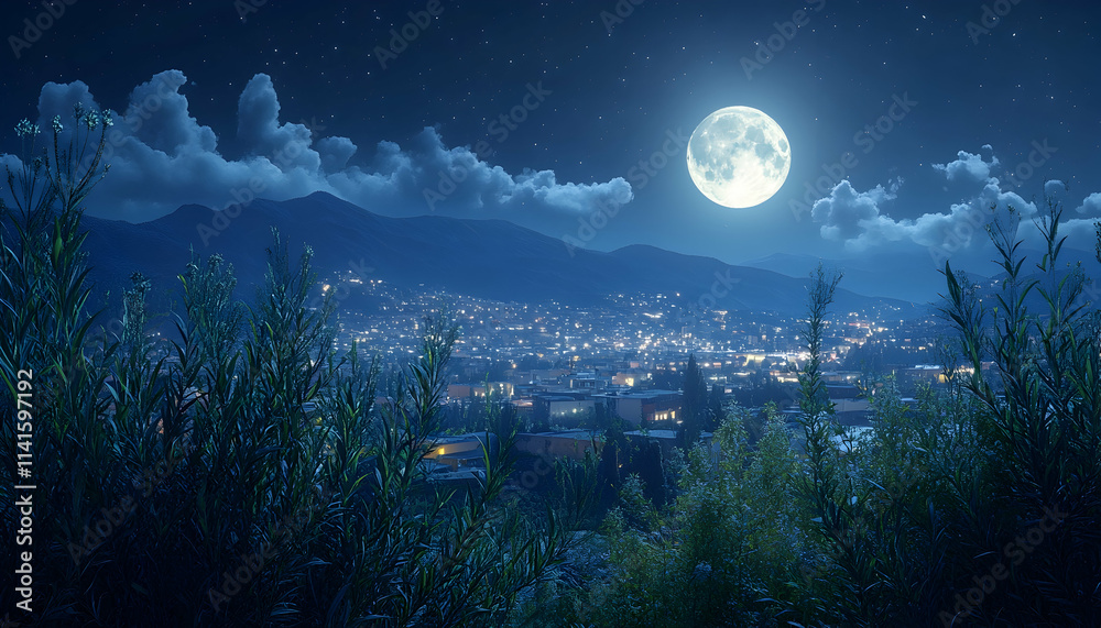 Night Cityscape, Moonlit Mountains, Foliage, Peaceful Scene, Travel Brochure. Night Cityscape, Moonlit Mountains, Foliage, Peaceful Scene, Travel Brochure.