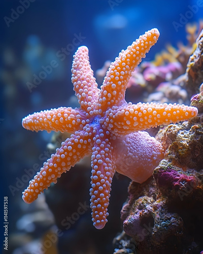 Orange starfish on coral reef in aquarium, underwater background, marine life stock photo. photo