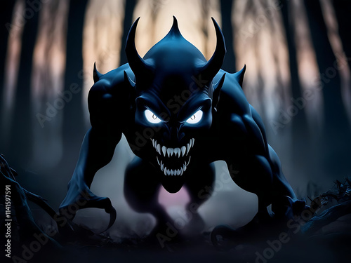 Demon imagery in dark forest creepy creature encounter fantasy art eerie atmosphere close-up view horror concept photo