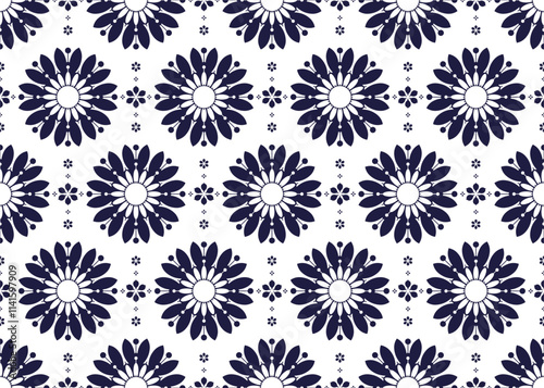 dark blue symbol floral on White background, ethnic fabric seamless pattern, design for cloth, carpet, batik, wallpaper, wrapping etc.