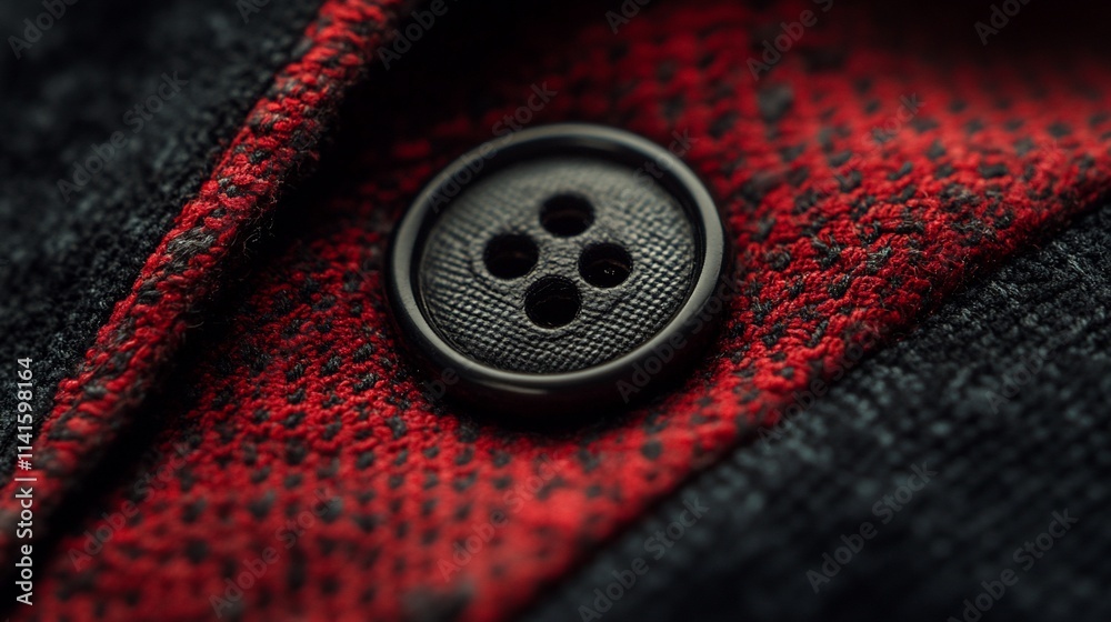 Close-up of a black button on red and gray plaid fabric. Close-up of a black button on red and gray plaid fabric.