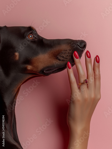 Close-up of a dog and a woman's hand wearing a ring against a pink background, glamour and elegance photo