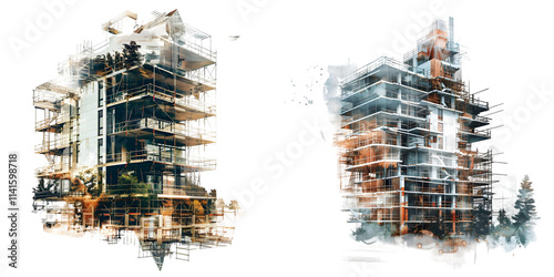 Fototapeta Naklejka Na Ścianę i Meble -  illustration old building construction engineering with double exposure graphic design. Generative AI.