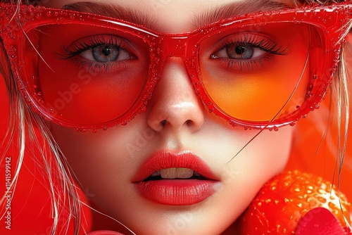 A striking portrait of a young Caucasian woman with bold red sunglasses and vibrant makeup, evoking a playful and energetic mood.