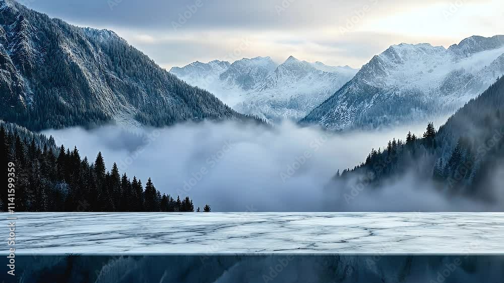 marble table top on mountain landscape with fog, snow covered peaks, and serene forest scenery in natures embrace.