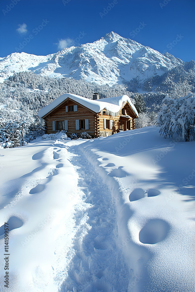 Snowy Alpine Chalet Path, Mountain View, Winter Wonderland, Vacation Home, Travel Brochure. Snowy Alpine Chalet Path, Mountain View, Winter Wonderland, Vacation Home, Travel Brochure.