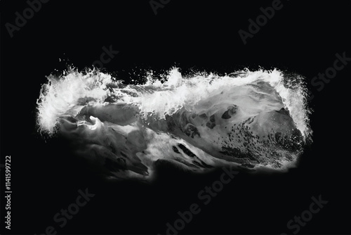 Breaking ocean wave isolated on dark background. Surf wave. Black and white illustration	
