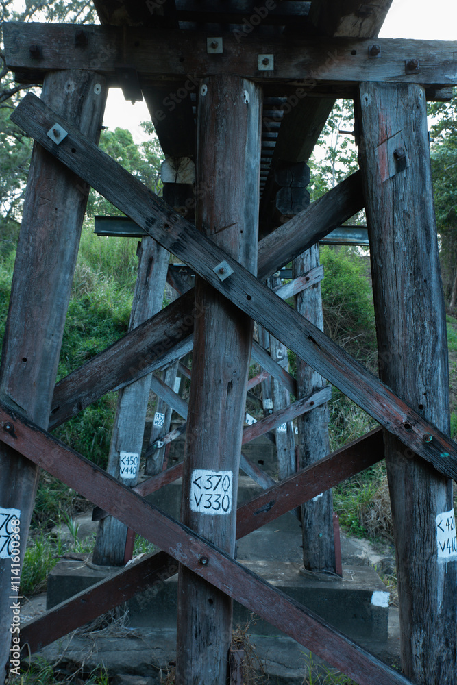 Timber pilons under a sugarcane Train Bridge in far north Queensland Australia. Timber pilons under a sugarcane Train Bridge in far north Queensland Australia.
