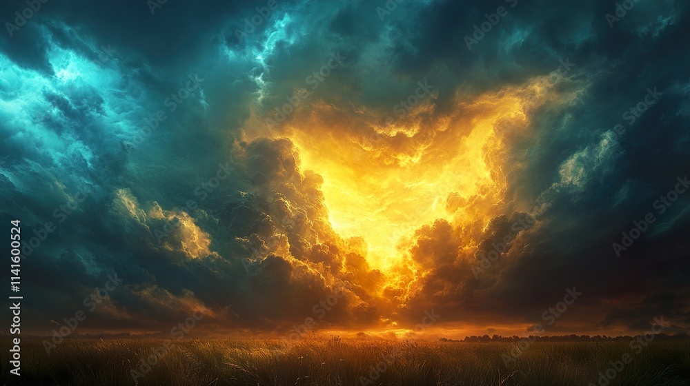 Fototapeta premium Fiery Sunset Landscape: Golden Clouds over Serene Field