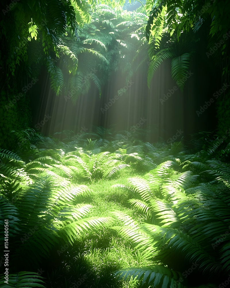 Obraz premium Sunbeams illuminate lush jungle fern ground; vibrant green foliage; background rainforest; ideal for game backgrounds.