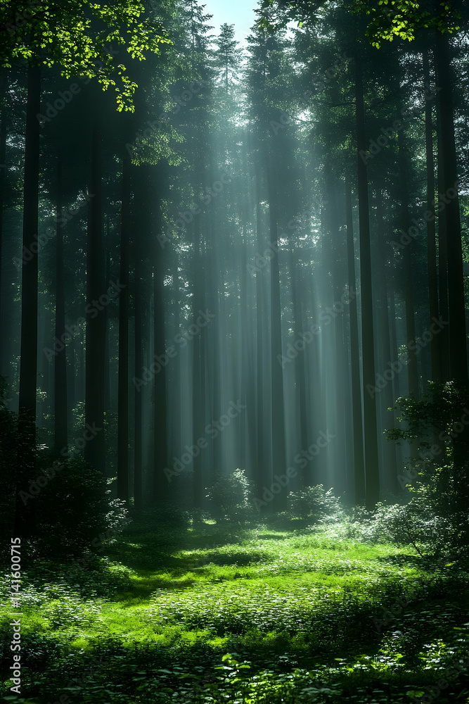 Fototapeta premium Sunbeams Illuminate Mystical Forest Path.