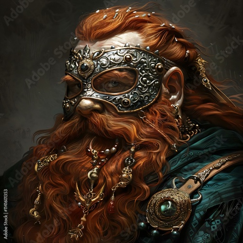 Regal dwarven man an ornate iron mask bejeweled beard gazes directly viewer exuding nobility grandeur realistic textured painting photo