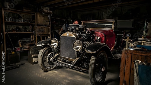 A photo of a mechanic fixing the engine of a vintage car in a garage. 