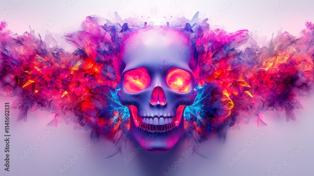 Neon Skull with Colorful Smoke Plumes: A Vibrant Depiction of Mortality and Energy Neon Skull with Colorful Smoke Plumes: A Vibrant Depiction of Mortality and Energy