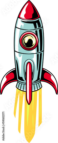 Spaceship Rocket Cartoon Character Illustration for sticker, badge, patch, banner, greeting card, invitation