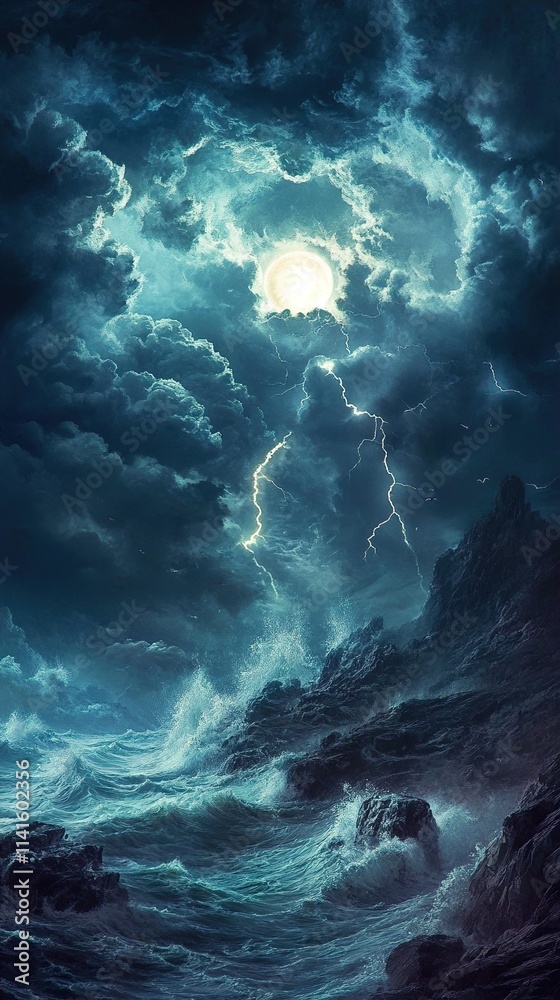 Obraz premium Dramatic Seascape: Stormy Night, Ocean Waves Crashing on Rocky Coast