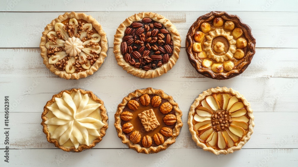 Assorted homemade fall pies. Pumpkin, apple and pecan. Above view double border on a white wood background with copy space. Assorted homemade fall pies. Pumpkin, apple and pecan. Above view double border on a white wood background with copy space.
