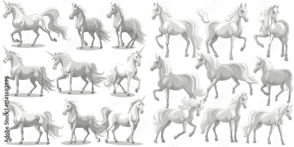 Isolated set of white horse unicorn isolated on a white background. Generative AI.