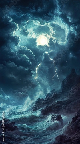 Wallpaper Mural Dramatic Seascape: Stormy Night, Ocean Waves Crashing on Rocky Coast Torontodigital.ca