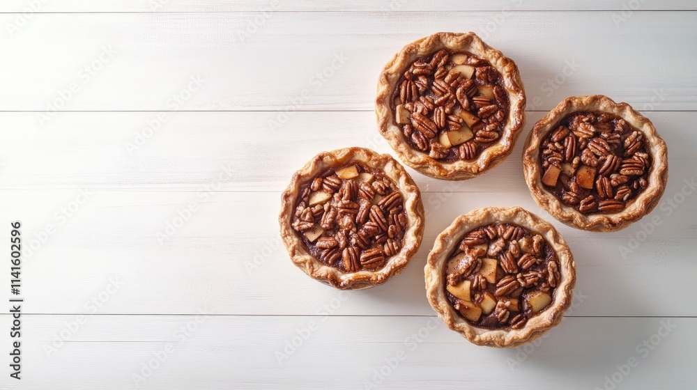 Obraz premium Assorted homemade fall pies. Pumpkin, apple and pecan. Above view double border on a white wood background with copy space. 