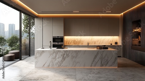 Modern kitchen, marble island, city view. photo