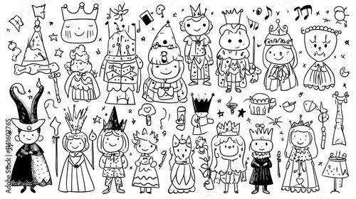 A whimsical collection of hand-drawn characters wearing crowns and magical costumes. photo