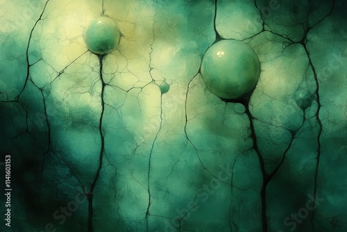 Abstract green artwork featuring spherical shapes interconnected by fine, web-like structures, creating a serene and mystical atmosphere. photo