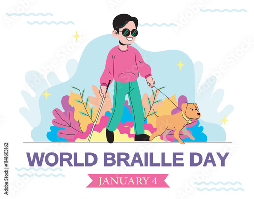 blind man wearing sunglasses holding stick and walking with dog. World Braille Day celebration on January 4th