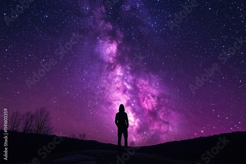 A silhouetted figure stands against the vibrant Milky Way, surrounded by a galaxy of stars, creating a sense of wonder and peaceful solitude.