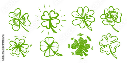 Lucky four, three clover shamrock leaf icon hand drawn style vector illustration set. Irish celtic St Patrick Day logo shamrock clover leaf symbol collection. Luck and happiness floral Irish ornament.