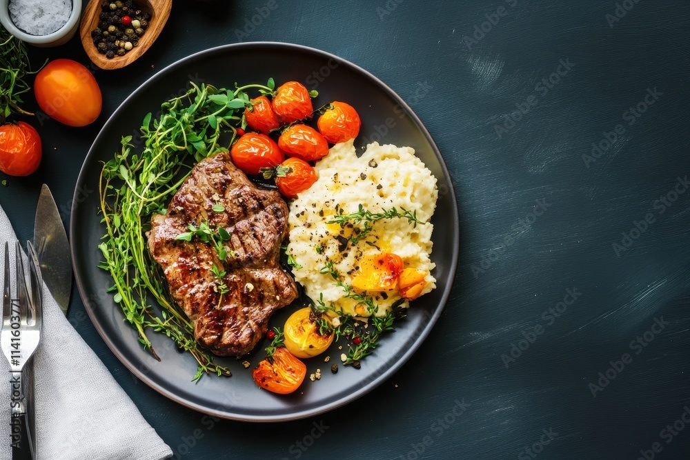 Plate of steak and vibrant vegetables, garnished with herbs for a delicious gourmet dining experience. Plate of steak and vibrant vegetables, garnished with herbs for a delicious gourmet dining experience.