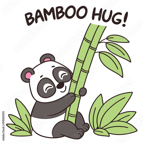 Cute panda hugging bamboo in a playful and cheerful cartoon style illustration for kids