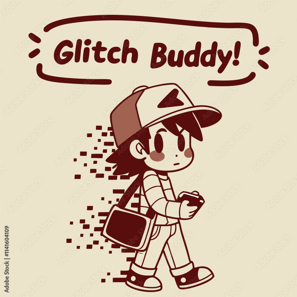 Playful Retro Character with Glitch Effects and Casual Outfit in Vintage Style Illustration Playful Retro Character with Glitch Effects and Casual Outfit in Vintage Style Illustration