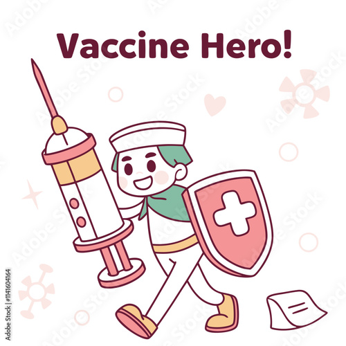 Cheerful Vaccine Hero with Syringe and Shield in Colorful Cartoon Style Design for Health Promotion