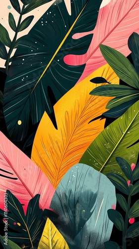 tropical leaves, in the style of colorful and playful patterned illustrations, with bold lines, a pink, green, yellow, and black and white background