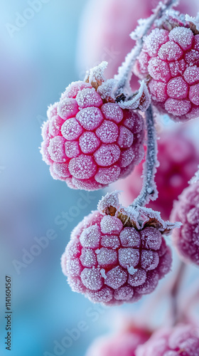 Frozen raspberries with icy frost detail on a vibrant winter branch photo