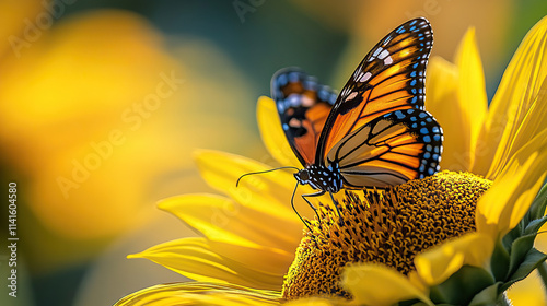  orange butterfly with black stripes sitting on sunflower with a yellow vibrant background